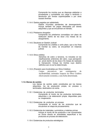 3
Comprende los montos que se disponga adelantar a
proveedores y contratistas con cargo a rendición o
devolución por fondos coparticipables o por otras
causas diversas.
1.1.4.4. Gastos pagados por adelantado
Gastos incurridos pendientes de devengamiento.
Incluye también los pagos efectuados por bienes
adquiridos y que se encuentran en tránsito.
1.1.4.5. Préstamos otorgados
Comprende los préstamos concedidos con plazo de
restitución dentro de los doce (12) meses de su
otorgamiento.
1.1.4.6. Deudores en Gestión Judicial
Comprende los créditos a corto plazo, que a los fines
de tramitar su cobro, se encuentran en instancia
judicial.
1.1.4.9. Otros créditos
Derechos de cobro a terceros, no incluidos en las
clasificaciones anteriores del rubro, cuya percepción
se prevé dentro de los doce (12) meses de realizada
la transacción. Incluye los montos cuyo destino
definitivo aún no se ha determinado.
1.1.5.9. (Previsión para Incobrables por Otros Créditos)
Cargos preventivos por contingencias de
incobrabilidad, estimados respecto de Otros Créditos
efectivamente existentes, a una fecha determinada.
1.1.6. Bienes de cambio
Los bienes de cambio están constituidos por los bienes
adquiridos, los de producción propia, en proceso o
terminados, destinados a la venta.
1.1.6.1. Existencias de productos terminados
Comprende el monto de los productos terminados,
adquiridos o de elaboración propia, disponibles para
su enajenación.
1.1.6.2. Existencias de productos en proceso
Comprende el monto de los productos que se
encuentran en etapa de procesamiento.
1.1.6.3. Existencias de materiales, suministros y materias primas
Incluye el monto de los productos a ser incorporados
en forma directa en actividades específicas a los
productos en proceso de elaboración.
1.1.6.4. Existencias de productos estratégicos
 