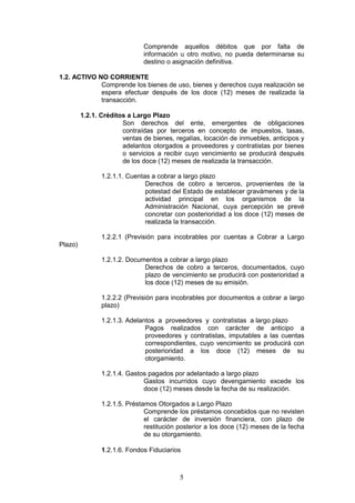 5
Comprende aquellos débitos que por falta de
información u otro motivo, no pueda determinarse su
destino o asignación definitiva.
1.2. ACTIVO NO CORRIENTE
Comprende los bienes de uso, bienes y derechos cuya realización se
espera efectuar después de los doce (12) meses de realizada la
transacción.
1.2.1. Créditos a Largo Plazo
Son derechos del ente, emergentes de obligaciones
contraídas por terceros en concepto de impuestos, tasas,
ventas de bienes, regalías, locación de inmuebles, anticipos y
adelantos otorgados a proveedores y contratistas por bienes
o servicios a recibir cuyo vencimiento se producirá después
de los doce (12) meses de realizada la transacción.
1.2.1.1. Cuentas a cobrar a largo plazo
Derechos de cobro a terceros, provenientes de la
potestad del Estado de establecer gravámenes y de la
actividad principal en los organismos de la
Administración Nacional, cuya percepción se prevé
concretar con posterioridad a los doce (12) meses de
realizada la transacción.
1.2.2.1 (Previsión para incobrables por cuentas a Cobrar a Largo
Plazo)
1.2.1.2. Documentos a cobrar a largo plazo
Derechos de cobro a terceros, documentados, cuyo
plazo de vencimiento se producirá con posterioridad a
los doce (12) meses de su emisión.
1.2.2.2 (Previsión para incobrables por documentos a cobrar a largo
plazo)
1.2.1.3. Adelantos a proveedores y contratistas a largo plazo
Pagos realizados con carácter de anticipo a
proveedores y contratistas, imputables a las cuentas
correspondientes, cuyo vencimiento se producirá con
posterioridad a los doce (12) meses de su
otorgamiento.
1.2.1.4. Gastos pagados por adelantado a largo plazo
Gastos incurridos cuyo devengamiento excede los
doce (12) meses desde la fecha de su realización.
1.2.1.5. Préstamos Otorgados a Largo Plazo
Comprende los préstamos concebidos que no revisten
el carácter de inversión financiera, con plazo de
restitución posterior a los doce (12) meses de la fecha
de su otorgamiento.
1.2.1.6. Fondos Fiduciarios
 
