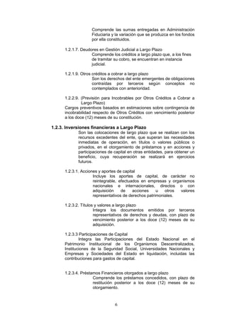 6
Comprende las sumas entregadas en Administración
Fiduciaria y la variación que se produzca en los fondos
por ella constituidos.
1.2.1.7. Deudores en Gestión Judicial a Largo Plazo
Comprende los créditos a largo plazo que, a los fines
de tramitar su cobro, se encuentran en instancia
judicial.
1.2.1.9. Otros créditos a cobrar a largo plazo
Son los derechos del ente emergentes de obligaciones
contraídas por terceros según conceptos no
contemplados con anterioridad.
1.2.2.9. (Previsión para Incobrables por Otros Créditos a Cobrar a
Largo Plazo)
Cargos preventivos basados en estimaciones sobre contingencia de
incobrabilidad respecto de Otros Créditos con vencimiento posterior
a los doce (12) meses de su constitución.
1.2.3. Inversiones financieras a Largo Plazo
Son las colocaciones de largo plazo que se realizan con los
recursos excedentes del ente, que superan las necesidades
inmediatas de operación, en títulos o valores públicos o
privados, en el otorgamiento de préstamos y en acciones y
participaciones de capital en otras entidades, para obtener un
beneficio, cuya recuperación se realizará en ejercicios
futuros.
1.2.3.1. Acciones y aportes de capital
Incluye los aportes de capital, de carácter no
reintegrable, efectuados en empresas y organismos
nacionales e internacionales, directos o con
adquisición de acciones u otros valores
representativos de derechos patrimoniales.
1.2.3.2. Títulos y valores a largo plazo
Integra los documentos emitidos por terceros
representativos de derechos y deudas, con plazo de
vencimiento posterior a los doce (12) meses de su
adquisición.
1.2.3.3 Participaciones de Capital
Integra las Participaciones del Estado Nacional en el
Patrimonio Institucional de los Organismos Descentralizados,
Instituciones de la Seguridad Social, Universidades Nacionales y
Empresas y Sociedades del Estado en liquidación, incluidas las
contribuciones para gastos de capital.
1.2.3.4. Préstamos Financieros otorgados a largo plazo
Comprende los préstamos concedidos, con plazo de
restitución posterior a los doce (12) meses de su
otorgamiento.
 