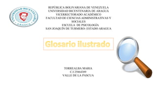 REPÚBLICA BOLIVARIANA DE VENEZUELA
UNIVERSIDAD BICENTENARIA DE ARAGUA
VICERRECTORADO ACADÉMICO
FACULTAD DE CIENCIAS ADMINISTRATIVAS Y
SOCIALES
ESCUELA DE PSICOLOGÍA
SAN JOAQUÍN DE TURMERO- ESTADO ARAGUA
TORREALBA MARIA
C.I 25864389
VALLE DE LA PASCUA
 