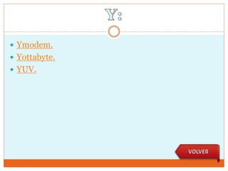  Ymodem.
 Yottabyte.
 YUV.
 