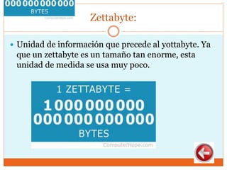 Zettabyte:
 Unidad de información que precede al yottabyte. Ya
que un zettabyte es un tamaño tan enorme, esta
unidad de medida se usa muy poco.
 