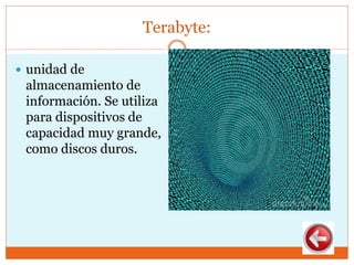 Terabyte:
 unidad de
almacenamiento de
información. Se utiliza
para dispositivos de
capacidad muy grande,
como discos duros.
 