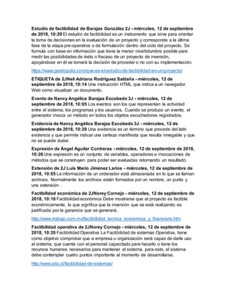 Estudio de factibilidad de Barajas González 2J - miércoles, 12 de septiembre
de 2018, 10:29 El estudio de factibilidad es un instrumento que sirve para orientar
la toma de decisiones en la evaluación de un proyecto y corresponde a la última
fase de la etapa pre-operativa o de formulación dentro del ciclo del proyecto. Se
formula con base en información que tiene la menor incertidumbre posible para
medir las posibilidades de éxito o fracaso de un proyecto de inversión,
apoyándose en él se tomará la decisión de proceder o no con su implementación.
https://www.gestiopolis.com/que-es-el-estudio-de-factibilidad-en-un-proyecto/
ETIQUETA de 2JNeli Adriana Rodríguez Saldaña - miércoles, 12 de
septiembre de 2018, 10:14 Una instrucción HTML que indica a un navegador
Web como visualizar un documento.
Evento de Nancy Angélica Barajas Escobedo 3J - miércoles, 12 de
septiembre de 2018, 10:05 Los eventos son los que representan la actividad
entre el sistema, los programas y los usuarios. Cuando se produce un evento, el
generador invoca un método en todos los objetos escuchadores registrados.
Evidencia de Nancy Angélica Barajas Escobedo 3J - miércoles, 12 de
septiembre de 2018, 10:29 Una evidencia es un término que procede del latín
evidencia y que permite indicar una certeza manifiesta que resulta innegable y que
no se puede dudar.
Expresión de Ángel Aguilar Contreras - miércoles, 12 de septiembre de 2018,
10:26 Una expresión es un conjunto de variables, operadores e invocaciones de
métodos que se construyen para poder ser evaluadas retornando un resultado.
Extensión de 2J Luis Mario Jiménez Larios - miércoles, 12 de septiembre de
2018, 10:05 La información de un ordenador está almacenada en lo que se llaman
archivos. Normalmente los archivos están formados por un nombre, un punto y
una extensión .
Factibilidad económica de 2JNorey Cornejo - miércoles, 12 de septiembre de
2018, 10:18 Factibilidad económica Debe mostrarse que el proyecto es factible
económicamente, lo que significa que la inversión que se está realizando es
justificada por la ganancia que se generará.
http://www.trabajo.com.mx/factibilidad_tecnica_economica_y_financiera.htm
Factibilidad operativa de 2JNorey Cornejo - miércoles, 12 de septiembre de
2018, 10:20 Factibilidad Operativa La Factibilidad de sistemas Operativa, tiene
como objetivo comprobar que a empresa u organización será capaz de darle uso
al sistema, que cuenta con el personal capacitado para hacerlo o tiene los
recursos humanos necesarios para mantener el sistema. para esto, el sistema
debe contemplar cuatro puntos importante al momento de desarrollarse.
http://www.atic.cl/factibilidad-de-sistemas/
 