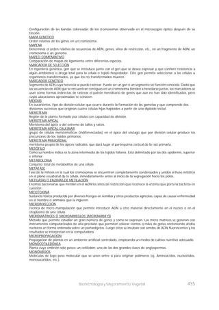435
Biotecnología y Mejoramiento Vegetal
Configuración de las bandas coloreadas de los cromosomas observada en el microscopio óptico después de su
tinción.
MAPA GENÉTICO
Orden relativo de los genes en un cromosoma.
MAPEAR
Determinar el orden relativo de secuencias de ADN, genes, sitios de restricción, etc., en un fragmento de ADN, un
cromosoma o un genoma.
MAPEO COMPARATIVO
Comparación de mapas de ligamiento entre diferentes especies.
MARCADOR DE SELECCIÓN
En ingeniería genética, gen que se introduce junto con el gen que se desea expresar y que confiere resistencia a
algún antibiótico o droga letal para la célula o tejido hospedador. Este gen permite seleccionar a las células u
organismos transformados, ya que los no transformados mueren.
MARCADOR GENÉTICO
Segmento de ADN cuya herencia se puede rastrear. Puede ser un gen o un segmento sin función conocida. Dado que
las secuencias de ADN que se encuentran contiguas en un cromosoma tienden a heredarse juntas, los marcadores se
usan como formas indirectas de rastrear el patrón hereditario de genes que aún no han sido identificados, pero
cuyas ubicaciones aproximadas se conocen.
MEIOSIS
En eucariontes, tipo de división celular que ocurre durante la formación de las gametas y que comprende dos
divisiones sucesivas que originan cuatro células hijas haploides a partir de una diploide inicial.
MERISTEMA
Región de la planta formado por células con capacidad de división.
MERISTEMA APICAL
Meristema del ápice o del extremo de tallos y raíces.
MERISTEMA APICAL CAULINAR
grupo de células meristemáticas (indiferenciadas) en el ápice del vástago que por división celular produce los
precursores de los tejidos primarios.
MERISTEMA PRIMORDIAL
meristema propio de los ápices radicales, que dará lugar al parénquima cortical de la raíz primaria
MESÓFILO
Como su nombre indica es la zona intermedia de los tejidos foliares. Está delimitado por las dos epidermis, superior
e inferior
METABOLOMA
Conjunto total de metabolitos de una célula.
METAFASE
Fase de la mitosis en la cual los cromosomas se encuentran completamente condensados y unidos al huso mitótico
en el plano ecuatorial de la célula, inmediatamente antes al inicio de la segregación hacia los polos.
METILASAS O ENZIMAS DE METILACIÓN
Enzimas bacterianas que metilan en el ADN los sitios de restricción que reconoce la enzima que porta la bacteria en
cuestión .
MICOTOXINA
Sustancia tóxica producida por diversos hongos en semillas y otros productos agrícolas, capaz de causar enfermedad
en el hombre o animales que la ingieren.
MICROINYECCIÓN
Técnica de micro manipulación que permite introducir ADN u otro material directamente en el núcleo o en el
citoplasma de una célula.
MICROMATRICES O MICROARREGLOS (MICROARRAYS)
Método que permite estudiar un gran número de genes y cómo se expresan. Las micro matrices se generan con
instrumentos computarizados de alta precisión que permiten colocar cientos o miles de gotas conteniendo ácidos
nucleicos en forma ordenada sobre un portaobjetos. Luego éstos se incuban con sondas de ADN fluorescentes y los
resultados se interpretan en la computadora.
MICROPROPAGACIÓN
Propagación de plantas en un ambiente artificial controlado, empleando un medio de cultivo nutritivo adecuado.
MONOCOTILEDÓNEA
Planta cuyo embrión sólo posee un cotiledón; una de las dos grandes clases de angiospermas.
MONÓMEROS
Moléculas de bajo peso molecular que se unen entre sí para originar polímeros (ej. Aminoácidos, nucleótidos,
monosacáridos, etc.).
 