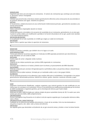 436 Biotecnología y Mejoramiento Vegetal
MONOPLOIDE
Organismo que tiene una serie básica de cromosomas . El número de cromosomas que constituye una serie básica
se denomina número monoploide.
MOSAICO
Individuo que presenta dos o más líneas celulares genéticamente diferentes como consecuencia de una anomalía en
las primeras divisiones del cigoto. Sinónimo de quimera.
MOTIVO
En las proteínas, unidad estructural con una conformación tridimensional particular, generalmente asociada a una
función determinada.
MULTIVALENTES
Varios cromosomas emparejados durante la meiosis
MUTACIÓN
Cambio permanente y heredable en la secuencia de nucleótidos de un cromosoma, generalmente en un único gen.
Cuando el cambio implica una modificación o pérdida en la función del producto de ese gen, puede estar asociada
a una enfermedad hereditaria.
MUTACIÓN SIN SENTIDO
Es la sustitución de un sólo nucleótido en el ADN que origina un codón de terminación.
MUTÁGENO
Agente físico o químico que induce la aparición de mutaciones.
N
NEMATODE
Parásito de plantas y animales, que también vive en el agua o en suelo.
NORTHERN BLOTTING
Técnica para detectar secuencias específicas en moléculas de ARN separadas previamente por electroforesis y
luego hibridadas con una sonda de ADN.
NUCLEASA
Enzima capaz de cortar o degradar ácidos nucleicos.
NÚCLEO
Organela de las células eucariontes que contiene ADN organizado en cromosomas.
NUCLEOLO
Estructura que se observa en el núcleo y donde ocurre la síntesis y el procesamiento del ARN ribosomal.
NUCLEÓSIDO
Molécula compuesta por una base nitrogenada (purina o pirimidina) unida a una pentosa (ribosa o desoxirribosa).
NUCLEÓTIDO
Monómero de los ácidos nucleicos, formado por un nucleósido unido a uno o más grupos fosfato.
NUTRIENTES
Son las sustancias presentes en los alimentos y que resultan útiles para el metabolismo. Corresponden a los grupos
genéricamente denominados proteínas, hidratos de carbono, grasas, vitaminas, sustancias minerales y agua.
O
OGM
Organismo Genéticamente Modificado: cualquier organismo cuyo material genético ha sido modificado de una
manera que no se produce en la naturaleza. Entran en esta definición las modificaciones producidas por las técnicas
de ADN recombinante o ingeniería genética, por la microinyección directa y por fusión celular.
OLIGONUCLEÓTIDOS
Moléculas de ADN o ARN formadas por cadenas simples de pocos nucleótidos (menos de 30). Se suelen usar como
sondas para detectar ADN o ARN complementarios.
ORGANOGÉNESIS
Proceso morfogénico muy frecuentes en el cultivo in vitro de especies vegetales por el cual pueden obtenerse tallos,
raíces o flores
ORGANOLÉPTICAS, CARACTERÍSTICAS
Cualidades de los alimentos perceptibles directamente a través de los sentidos. Entre las más destacadas se
encuentra el aspecto, olor, sabor, color y textura del alimento.
ORTÓLOGO
Son aquellos genes que descienden verticalmente de un gen ancestral común y tienden a tener la misma función.
 