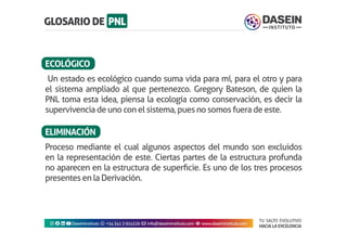 TU SALTO EVOLUTIVO
HACIA LA EXCELENCIA
Instagram facebook linkedin youtubeDaseinInstituto whatsapp +543413924326 envelope info@daseininstituto.com eye www.daseininstituto.com
Un estado es ecológico cuando suma vida para mí, para el otro y para
el sistema ampliado al que pertenezco. Gregory Bateson, de quien la
PNL toma esta idea, piensa la ecología como conservación, es decir la
supervivencia de uno con el sistema, pues no somos fuera de este.
Proceso mediante el cual algunos aspectos del mundo son excluidos
en la representación de este. Ciertas partes de la estructura profunda
no aparecen en la estructura de superficie. Es uno de los tres procesos
presentes en la Derivación.
ECOLÓGICO
ELIMINACIÓN
 