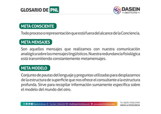 TU SALTO EVOLUTIVO
HACIA LA EXCELENCIA
Instagram facebook linkedin youtubeDaseinInstituto whatsapp +543413924326 envelope info@daseininstituto.com eye www.daseininstituto.com
Conjuntodepautasdellenguajeypreguntasutilizadasparadesplazarnos
delaestructuradesuperficiequenosofreceelconsultantealaestructura
profunda. Sirve para recopilar información sumamente específica sobre
el modelo del mundo del otro.
Son aquellos mensajes que realizamos con nuestra comunicación
analógicasobrelosmensajeslingüísticos.Nuestraredundanciafisiológica
está transmitiendo constantemente metamensajes.
METAMODELO
TodoprocesoorepresentaciónqueestáfueradelalcancedelaConciencia.
METACONSCIENTE
METAMENSAJES
 