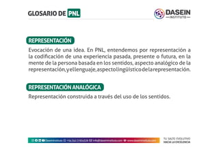 TU SALTO EVOLUTIVO
HACIA LA EXCELENCIA
Instagram facebook linkedin youtubeDaseinInstituto whatsapp +543413924326 envelope info@daseininstituto.com eye www.daseininstituto.com
Representación construida a través del uso de los sentidos.
Evocación de una idea. En PNL, entendemos por representación a
la codificación de una experiencia pasada, presente o futura, en la
mente de la persona basada en los sentidos, aspecto analógico de la
representación,yellenguaje,aspectolingüísticodelarepresentación.
REPRESENTACIÓN
REPRESENTACIÓNANALÓGICA
 
