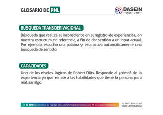 TU SALTO EVOLUTIVO
HACIA LA EXCELENCIA
Instagram facebook linkedin youtubeDaseinInstituto whatsapp +543413924326 envelope info@daseininstituto.com eye www.daseininstituto.com
Búsqueda que realiza el inconsciente en el registro de experiencias, en
nuestra estructura de referencia, a fin de dar sentido a un input actual.
Por ejemplo, escucho una palabra y, esta activa automáticamente una
búsqueda de sentido.
Uno de los niveles lógicos de Robert Dilts. Responde al ¿cómo? de la
experiencia ya que remite a las habilidades que tiene la persona para
realizar algo.
BÚSQUEDATRANSDERIVACIONAL
CAPACIDADES
 