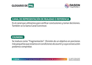 TU SALTO EVOLUTIVO
HACIA LA EXCELENCIA
Instagram facebook linkedin youtubeDaseinInstituto whatsapp +543413924326 envelope info@daseininstituto.com eye www.daseininstituto.com
Eselcanalqueutilizamosparaverificarconclusionesytomardecisiones.
También se lo llama Canal Convincer.
Se traduce como “Fragmentación”. División de un objetivo en porciones
máspequeñasqueestamosencondicionesdeasumirycuyaconsecución
podamos comprobar.
CANALDEREPRESENTACIÓNDEREALIDADOREFERENCIA
CHUNKING
 