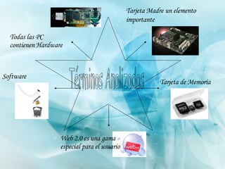 Web 2.0 es una gama especial para el usuario  Términos Analizados Tarjeta Madre un elemento importante   Tarjeta de Memoria Software Todas las PC contienen Hardware 