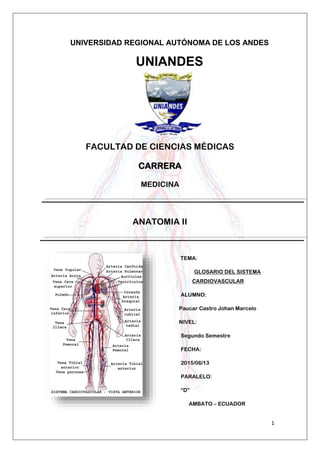 1
UNIVERSIDAD REGIONAL AUTÓNOMA DE LOS ANDES
UNIANDES
FACULTAD DE CIENCIAS MÉDICAS
CARRERA
MEDICINA
ANATOMIA II
TEMA:
GLOSARIO DEL SISTEMA
CARDIOVASCULAR
ALUMNO:
Paucar Castro Johan Marcelo
NIVEL:
Segundo Semestre
FECHA:
2015/06/13
PARALELO:
“D”
AMBATO – ECUADOR
 