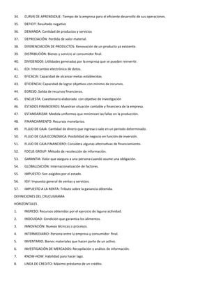 34. CURVA DE APRENDIZAJE: Tiempo de la empresa para el eficiente desarrollo de sus operaciones.
35. DEFICIT: Resultado negativo
36. DEMANDA: Cantidad de productos y servicios
37. DEPRECIACIÓN: Perdida de valor material.
38. DIFERENCIACIÓN DE PRODUCTOS: Renovación de un producto ya existente.
39. DISTRIBUCIÓN: Bienes y servicio al consumidor final.
40. DIVIDENDOS: Utilidades generadas por la empresa que se pueden reinvertir.
41. EDI: Intercambio electrónico de datos.
42. EFICACIA: Capacidad de alcanzar metas establecidas.
43. EFICIENCIA: Capacidad de lograr objetivos con mínimo de recursos.
44. EGRESO: Salida de recursos financieros.
45. ENCUESTA: Cuestionario elaborado con objetivo de investigación
46. ESTADOS FINANCIEROS: Muestran situación contable y financiera de la empresa.
47. ESTANDARIZAR: Medida uniformes que minimizan las fallas en la producción.
48. FINANCIAMIENTO: Recursos monetarios.
49. FLUJO DE CAJA: Cantidad de dinero que ingresa o sale en un periodo determinado.
50. FLUJO DE CAJA ECONOMICA: Posibilidad de negocio en función de inversión.
51. FLUJO DE CAJA FINANCIERO: Considera algunas alternativas de financiamiento.
52. FOCUS GROUP: Método de recolección de información.
53. GARANTIA: Valor que asegura a una persona cuando asume una obligación.
54. GLOBALIZACIÓN: Internacionalización de factores.
55. IMPUESTO: Son exigidos por el estado.
56. IGV: Impuesto general de ventas y servicios.
57. IMPUESTO A LA RENTA: Tributo sobre la ganancia obtenida.
DEFINICIONES DEL CRUCUGRAMA
HORIZONTALES
1. INGRESO: Recursos obtenidos por el ejercicio de laguna actividad.
2. INOCUIDAD: Condición que garantiza los alimentos.
3. INNOVACIÓN: Nuevas técnicas o procesos.
4. INTERMEDIARIO: Persona entre la empresa y consumidor final.
5. INVENTARIO. Bienes materiales que hacen parte de un activo.
6. INVESTIGACIÓN DE MERCADOS: Recopilación y análisis de información.
7. KNOW-HOW: Habilidad para hacer lago.
8. LINEA DE CREDITO: Máximo préstamo de un crédito.
 