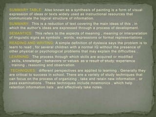 SUMMARY TABLE: Also known as a synthesis of painting is a form of visual
expression of ideas or texts widely used as instructional resources that
communicate the logical structure of information.
SUMMARY: This is a reduction of text covering the main ideas of this , in
which the author's ideas are expressed through a process of development.
SEMANTICS: This refers to the aspects of meaning , meaning or interpretation
of linguistic signs as symbols , words, expressions or formal representations .
READING AND WRITING: A simple definition of dyslexia says the problem is to
learn to read , for several children with a normal IQ without the presence of
other physical or psychological problems that may explain the difficulties .
LEARNING: The process through which skills are acquired or modified
, skills, knowledge , behaviors or values ​​as a result of study, experience
, training , reasoning and observation.
TECHNIQUES: different perspectives are applied to learning . Generally they
are critical to success in school. There are a variety of study techniques that
can focus on the process of organizing , take and retain new information , or
pass examinations . These techniques include mnemonics , which help
retention information lists , and effectively take notes.
 