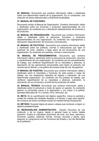 3

26. MANUAL: Documento que contiene información válida y clasificada
sobre una determinada materia de la organización. Es un compendio, una
colección de textos seleccionados y fácilmente localizables.
27. MANUAL DE FUNCIONES:
Documento similar al Manual de Organización. Contiene información válida
y clasificada sobre las funciones y productos departamentales de una
organización. Su contenido son y descripción departamental, de funciones y
de productos
28. MANUAL DE ORGANIZACIÓN: Documento que contiene información
válida y clasificada sobre la estructura, funciones y productos
departamentales de una organización. Su contenido son organigramas y
descripción departamental, de funciones y de productos.
29. MANUAL DE POLÍTICAS: Documento que contiene información válida
y clasificada sobre las políticas, normas e instrucciones que rigen el
quehacer de corto, mediano y largo plazo de los funcionarios de una
organización. Su contenido son políticas, normas e instrucciones.
30. MANUAL DE PROCEDIMIENTOS: Documento que contiene
información válida y clasificada sobre la estructura de producción, servicios
y mantenimiento de una organización. Su contenido son los procedimientos
de trabajo, que conllevan especificación de su naturaleza y alcances, la
descripción de las operaciones secuenciales para lograr el producto, las
normas que le afectan y una gráfica de proceso (hoja de ruta, fluxograma).
31 MANUAL DE PUESTOS: Documento que contiene información válida y
clasificada sobre la naturaleza y funciones de cada puesto o cargo de
trabajo, con sus respectivos requisitos de ingreso y valoración, de una
determinada organización. Su contenido son los puestos de trabajo, que
conllevan especificación de su naturaleza y alcances, valoración, la
descripción de sus funciones y el perfil de los productos de salida.
32. MANUAL TÉCNICO: Documento que contiene información válida y
clasificada sobre la estructura y modo de operar un aparato. Su contenido
destina un porcentaje menor a la descripción y uno mayor a la gráfica.
Ejemplos Manuales de TV y Sonido, CPU, vehículos, etc.
33. META: Es la cuantificación del objetivo específico. Indica la cantidad y
unidad de medida del resultado deseado y el tiempo y lugar para lograrlo.
Se compone de Verbo+cantidad+unidad de medida+tiempo+localización.
34. MÉTODO: Sucesión lógica de pasos o etapas que conducen a lograr un
objetivo predeterminado.
35. MICROANÁLISIS ADMINISTRATIVO: Estudio minucioso de una
institución o de un órgano, desde lo general hasta el menor detalle
operativo. Evalúa la naturaleza doctrinaria del ente, sus fines, estructura,
funciones, puestos, sistemas, formas, normas, recursos y planta, para
asegurar su congruencia con las funciones del Estado y con las demandas
de la población.
 