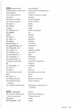 EIJI

austauschen
Informationen austauschen
interessifren
Was interessiert Sie?
s~mmeln

Sammeln Sie Wbrter.
das Musik-Theater, die Qper,-n
das Ball~tt
erbauen
der St~dtgarten, "der Sjjden
grQB
der P~rk, -s
die H~lle, -n
der SpQrt
das Konz~rt, -e
die Ausstellung, -en
das Mus~um, -en
die Grªfik, -en
die SkulptlJI, -en
das ]ahrhIDdert, -e
die Fotografif, -n
die S~mmlung, -en
Fotografie-Sammlung
;¡Ut
die SynagQge, -n
der Nªzi, -s
zerstQren
von den Nazis zerstbrt
j~tzt

die Z~che, -n
die KQhleindustrie
das Kultyrzentrum,
-zentren
das UNf,SCO-Kulturerbe

II.D

zusépllmen
Was machen Milena und
Beatrix zusammen?
besychen
die Freundin, -nen

intercambiar
Intercambiar informaciones
interesar
¿Qué le interesa a usted?
recoger
Recoja palabras.
teatro musical
ópera
ballet
erigir
jardín municipal
Sur
grande
parque
pabellón
deporte
concierto
exposición
museo
grabado, gráfico
escultura
siglo
fotografía
colección
colección fotográfica
antiguo
sinagoga
nazi
destruir
destruida por los nazis
ahora
mina
industria carbonera
centro cultural
patrimonio cultural de la
UNESCO
juntos
¿Qué hacen Milena y
Beatrix juntas?
visitar
amiga

KAPIT EL2

13

 