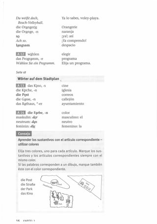 Du wei(St doch,
Beach- Volleyball.

Ya lo sabes, voley-playa.

die Orªngerk
die Orªnge, -n

Orangerie
naranja
iya!; así
iYa comprendo!
despacio

sº

Ach so.
l~gsam

BiI
das

w-ªhlen

Progr~mm,

-e

Wiihlen Sie ein Programm.

elegir
programa
Elija un programa.

Seite 18

Worter auf dem Stadtplan

E1D

das Kino, -s
die Kirche, -n
die PQst
die G~sse, -n
das Rªthaus, "_er

cine
iglesia
correos
callejón
ayuntamiento

l1l1I

color
masculino: el
neutro
femenino: la

die F~be, -n
maskulin: dgr
neutrum: dq:s
feminin: dif.

Aprender los sustantivos con el artículo correspondiente utilizar colores
Elija tres colores, uno para cada artículo. Marque los sustantivos y los artículos correspondientes siempre con el
mismo color.
Si las palabras corresponden a un dibujo, marque también
éste con el color correspondiente.

die Post
die StraiSe
der Park
das Kino

1¡:;

I(APIT~I

')

 