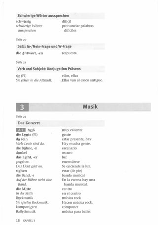 Schwierige Worter aussprechen
schw~rig

schwierige Worter
aussprechen

difícil
pronunciar palabras
difíciles

Seite 20

Satz: Ja-/Nein-Frage und W-Frage
die

~twort,

-en

respuesta

Seite 21

Verb und Subjekt: Konjugation Prasens
s~ (PI)
Sie gehen in die Altstadt.

IJI

ellos, ellas
.. Ellas van al casco antiguo.

Musik

Seite 22

Das Konzert

lIiIII

h§E
die Leute (PI)
dª sein
Viele Leute sind da.
die Byhne, -n
dl}nkel
das Ljcht, -er
~ngehen

Das Licht geht ano
st~hen

die Bªnd, -s
Auf der Bühne steht eine
Band.
die Mitte
in der Mitte
RQckmusik
Sie spielen Rockmusik.
kompon~ren
Ball~ttmusik
18

KAPITE L 3

muy caliente
gente
estar presente, hay
Hay mucha gente.
escenario
oscuro
luz
encenderse
Se enciende la luz.
estar (de pie)
banda musical
En la escena hay una
banda musical.
centro
en el centro
música rock
Hacen música rock.
componer
música para ballet

 