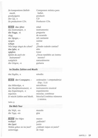 Sie komponieren Ballettmusik.
produz~ren

die CQ, -s
Sie produzieren CDs.

EH

das~ter

das Instrum¡;nt, -e
die Frªge, -n
okªy
der S~ngeF, singen
schQn
Wie lange singst du schon?

dasJªhr, -e
spielen
Spielst du auch ein
Instrument?

nati!rlich
die Git~rre, -n

Componen música para
ballet.
producir
CD
Producen CDs.
edad
instrumento
pregunta
de acuerdo
(el) cantante
cantar
ya
¿Desde cuándo cantas?
año
tocar
¿Tocas también un instrumento?
naturalmente
guitarra

1m 5tudio: Zahlen und Musik
das St.l!dio, -s

estudio

&JI

ordenador / computador(a)
(Esp. / LA)
micrófono
instrumento musical
experimento
mezclar, combinar
Mezcla/Combina números
y música.

der Comp.l!ter, -

das MikrofQn, -e
das Musikinstrument, -e
das Experim¡;nt, -e
mischen
Er mischt Zahlen und Musik.
Seite 23

Die Welt-Tour
die W¡;lt, -en
die Tour, -en

mundo
gira

. .~.) der
wohjn?
der J.l!ni

marzo
¿adónde?
junio

M~rz

Wohin gehen sie im ¡uni?

¿Adónde viajan en junio?

unterw~gs

de viaje
KAPITEL 3

19

 