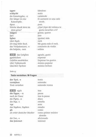 syper
schl~cht

die KatastrQphe, -n
Der Siinger ist eine
Katastraphe.
d~nn

Welche Musik horst du
~enngerne?

mQgen
Jªzz
lieber
(der) RQck
Ich mag lieber Rack.
das Violinkonzert, -e
die Solistin, -nen

lID

das Gef~llen
ausdrücken
Gefallen ausdTÜcken
(die) VQlksmusik
(das/der) T~chno

fabuloso
malo
catástrofe
El cantante es una catástrofe.
pues
¿Qué (tipo de) música te
gusta escuchar a ti?
gustar, querer
jazz
(gustar) más
rock
Me gusta más el rock.
concierto de violín
solista
agrado, gusto
expresar
Expresar los gustos
música popular
música techno

Seite 25

Texte verstehen: W-Fragen
der T~xt,-e
verst~hen

Texte verstehen

BI!I

nªch
die Pause, - n
nach der Pause
die Pl ~tte, -n
der Stªr, -s
vºr
das Stªdion, Stªdien
<¡Ils

als erster deutscher Musiker
der Fan, -s
das Internet

22

KAPITEL3

texto
entender
entender textos
tras
pausa
tras la pausa
disco
estrella
ante
estadio
como
como primer músico
alemán
aficionado
internet

 
