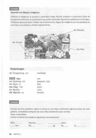 «MMUI
Aprender con dibujos e imágenes
iDibujos e imágenes le ayudan a aprender! Haga dibujos simples o coleccione fotos de
prospectos referentes al vocabulario que quiere aprender. Apunte las palabras en el margen.
¿Palabras desconocidas? Trabaje con el diccionario. Pegue las imágenes con las palabras en
una hoja o una tarjeta y mírelas regularmente .
die Banane

der Zucker
das Brot

Verpackungen
die

Verp~ckung,

EID

dies-

die P~ckung, -en
die DQse, -n

das Glªs, "-er
der Bt:cher, -

die Fli¡lSche,

-ll

-en

embalaje
estpaquete, caja
lata
tarro
vaso
botella

Ci·iMUij
Escriba muchas palabras sobre un tema en una hoja. omitiendo algunas letras de cada
palabra. Complétalas después de unos días (oralmente o por escrito) .
Tema: comestibles
¿Cómo se llaman las palabras siguientes correctamente?
Br6t____ ,
___ üse,

38

KAPITEL 5

Marme____ ,
Ka __,

________ asser ,
___ ig,
Sa___,

Li_____ _

 