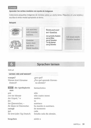 P,IMJI
Aprender los verbos modales con ayuda de imágenes

Coleccione pequeñas imágenes de revistas sobre un cierto tema. Péguelas en una ta rjeta y
escriba el verbo moda l apropiado al dorso.
Beispiel

r - - ---

Ich mochte/
will Gemüse
kochen .

NUDELAUFLAUF
MIT GEMÜSE
,

g breite Nudeln
g Kase
300 g Tomaten
1/2 kg Spinat
200 g Karotte
700

400

Gemüse
kann man
auf dem
Markt kaufen.

Ich muss noch
Nudeln kaufen.

Sprachen ternen
Seite 46

lernen: wie und warum?

wanpn?
Warum lernt Giovanna
Deutsch?

¿por qué?
¿Por qué aprende Giovanna alemán?

EIII

farmacéutica

die Apoth~kerin

-nen

Sie lernt jeden Tag Deutsch.

sólo
sólo cuatro meses
motivo
su
austriaco
Su marido es austriaco.
de momento
cada
Estudia cada día alemán.

bes!!chen

asistir a

~rst

erst vier Monate
der Gn}nd, "_e
ihrder Qsterreicher, Ihr Mann ist Osterreicher.
zurzeit
j~d-

KAPITEL 6

39

 
