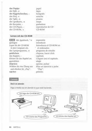 11

das Papier
der Stjft, -e
der K!!gelschreiber, das Etui, -s
die Tªfel, -n
die L~ndkarte, -n
der RecQrder, der CD-Player, die CD-ROM, -s

papel
lápiz
bolígrafo
estuche
pizarra
mapa
grabadora
reproductor de CD
CD-ROM

Lernen mit der (D-ROM

EImI

der Ausdruck, "-e
§nlegen
Legen Sie die CD-ROM
in den Computer ein.

das L~rnprogramm, -e
{Ulklicken
das Kapjtel, Klicken Sie das Kapitel ano

auswahlen
dricken
Wéihlen Sie eine Übung aus
und drücken Sie "Play".

nªchst-

expresión
introducir
Introduzca el CD-ROM en
, el ordenador.
programa de estudio
cliquear, hacer click
capítulo
Cliquee (en) el capítulo.
elegir
apretar, pulsar
Elija un ejercicio y pulse
"Play".
próxim-

'3,I@ijt!i
Decir en alemán
Diga a media voz en alemán lo que está haciendo.

Ich starte das Programm.

44

KAPITEL6

Ich klicke das Kapitel ano

 