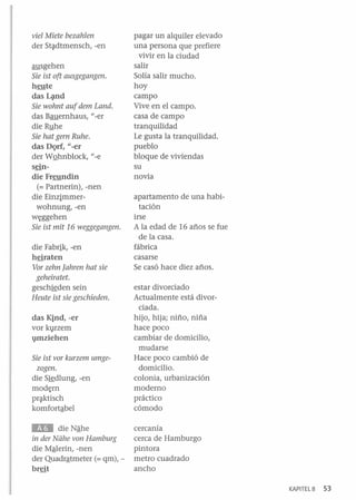 viel Miete bezahlen

der St~dtmensch, -en
ausgehen
Sie ist att ausgegangen.

heute
das L¡md
Sie wahnt auf dem Land.

das Bauernhaus, I/_er
die Rldhe
Sie hat gern Ruhe.

das DQrf, -er
der W Qhnblock, l/-e
seindie Freundin
(= Partnerin), -nen
die Einzimmerwohnung, -en
1/

w~ggehen

Sie ist mit 16 weggegangen.

die Fabrik, -en
h§raten
Var zehn Jahren hat sie
geheiratet.
gesch~den

se in

Heute ist sie geschieden.

das Kind, -er
vor k1}rzem
1}ffiziehen
Sie ist var kurzem umgezagen.

die

S~dlung,

-en

mod~rn
pr~ktisch

komfortªbel

lID

die Nªhe

in der Niihe van Hamburg

die Mªlerin, -nen
der Quadrªtmeter (= qm),breit

pagar un alquiler elevado
una persona que prefiere
vivir en la ciudad
salir
Solía salir mucho.
hoy
campo
Vive en el campo.
casa de campo
tranquilidad
Le gusta la tranquilidad.
pueblo
bloque de viviendas
su
novia
apartamento de una habitación
irse
A la edad de 16 años se fue
de la casa.
fábrica
casarse
Se casó hace diez años.
estar divorciado
Actualmente está divorciada.
hijo, hija; niño, niña
hace poco
cambiar de domicilio,
mudarse
Hace poco cambió de
domicilio.
colonia, urbanización
moderno
práctico
cómodo
cercanía
cerca de Hamburgo
pintora
metro cuadrado
ancho
KAPITEL 8

53

 