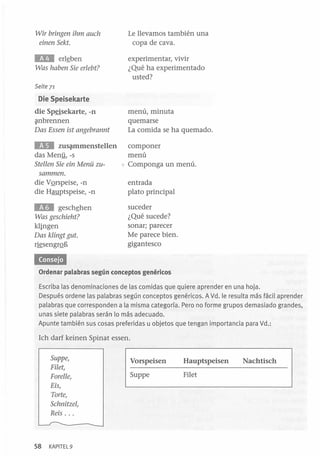Wir bringen ihm auch
einen Sekt.

Le llevamos también una
copa de cava.

lID

experimentar, vivir
¿Qué ha experimentado
usted?

erl~ben

Was haben Sie erlebt?
Seite 71

Die Speisekarte
die Spgisekarte, -n
~nbrennen

Das Essen ist angebrannt

EI1II

zus¡¡unmenstellen
das Meny, -s

Stellen Sie ein Menü zusammen.

menú, minuta
quemarse
La comida se ha quemado.
componer
menú
, Componga un menú.

die VQrspeise, -n
die Hauptspeise, -n

entrada
plato principal

. . . gesch~hen

suceder
¿Qué sucede?
sonar; parecer
Me parece bien.
gigantesco

Was geschieht?
klingen

Das klingt gut.
r~sengrQg

'MMUI
Ordenar palabras según conceptos genéricos

Escriba las denominaciones de las comidas que quiere aprender en una hoja.
Después ordene las palabras según conceptos genéricos. AVd. le resulta más fácil aprender
palabras que corresponden a la misma categoría. Pero no forme grupos demasiado grandes,
unas siete palabras serán lo más adecuado.
Apunte también sus cosas preferidas u objetos que tengan importancia para Vd.:
Ich darf keinen Spinat essen.

Suppe,
Fi/et,
Forelle,
Eis,
Torte,
Schnitzel,
Reis . ..

58

KAPITEL9

Vorspeisen

Hauptspeisen

Suppe

Filet

Nachtisch

 