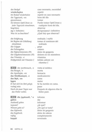 1I

der Bed~rf
wiederhQlen
bei Bedarf wiederholen

die Tªgeszeit, -en
finnehmen
Sie konnen OptiCitran zu
jeder Tageszeit einnehmen.
be~chten

zy (+ Infinitiv)
Was ist zu beachten?

caso necesario, necesidad
repetir
repetir en caso necesario
hora del día
tomar
Puede tomar OptiCitran a
cualquier hora del día.
observar
de/que/para/+ infinitivo
¿Qué hay que observar?

Erk~ltung

resfriado / resfrío
tomar al comienzo del
resfriado
die Grippe
,. gripe
der Schnvpfen
catarro
die H~lsschmerzen (PI)
dolor de garganta
die Gl~derschmerzen (PI)
dolores en los miembros
vitamina
das Vitamin, -e
Heif5getriink mit Vitamin C
bebida caliente con
die

bei Beginn der Erkiiltung
einnehmen

vitamina C

EH

der .:rztbesuch, -e
das Rez~pt, -e
die Apothfke, -en
das Medikam~nt, -e
das B~tt, -en
lfgen

Er hat sich ins Bett gelegt.

vorbfi sein
Nach ein paar Tagen war
das Fieber vorbei.

lID

die Auskunft, " _
e

gfben
Auskunft geben

wQrum?
Worum geht es?

das H~lsweh
das K9pfweh
vi;illig
kapvtt

64

KAPITEL 10

visita al médico
receta
farmacia
medicamento
cama
meter
Se ha metido en cama.
pasar
Después de algunos días la
fiebre pasó.
informe
dar
informar
¿de qué?
¿De qué se trata?
dolor de garganta
dolor de cabeza
completamente
reventado

 