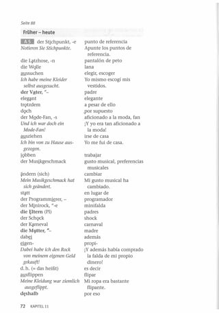 Seite 88

Früher - heute

lrD

der Stichpunkt, -e
Natieren Sie Stiehpunkte.

die L~tzhose, -n
die Wqlle
aussuchen
Ieh habe meine Kleider
selbst ausgesueht.
der Vªter, "eleg~nt

trQtzdem
dQch
der MQde-Fan, -s
Und ieh war daeh ein
Made-Fan!
ausziehen
Ich bin van zu Hause ausgezagen.
jQbben
der Musikgeschmack

punto de referencia
Apunte los puntos de
referencia.
pantalón de peto
lana
elegir, escoger
Yo mismo escogí mis
vestidos.
padre
elegante
a pesar de ello
.por supuesto
aficionado a la moda, fan
¡Y yo era tan aficionado a
la moda!
irse de casa
Yo me fui de casa.

trabajar
gusto musical, preferencias
musicales
4indern (sich)
cambiar
Mein Musikgesehmaek hat
Mi gusto musical ha
sieh geiindert.
cambiado.
en lugar de
st~tt
der Programm~rer, programador
der Minirock, "_ e
minifalda
die J;:ltern (PI)
padres
der SchQck
shock
carnaval
der K~rneval
madre
die Mltter, "además
dabfi
propifigenDabei ha be ieh den Rack
¡Y además había comprado
van meinem eigenen Geld
la falda de mi propio
gekauft!
dinero!
d. h. (= das heiBt)
es decir
ausflippen
flipar
Meine Kleidung war ziemlieh Mi ropa era bastante
ausgeflippt.
flipante.
d¡;shalb
por eso
72

KAPITEL 11

 