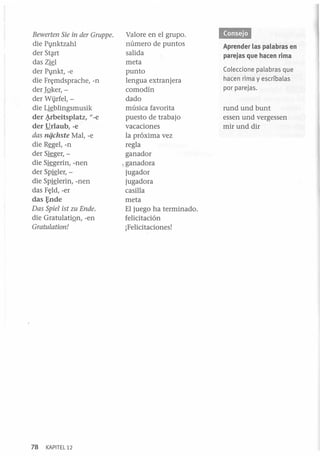 Bewerten Sie in der Gruppe.
die Plnktzahl
der St?rt
das Z~l
der Plnkt, -e
die Fr~mdsprache, -n
der JQker,der Wi)rfel, die L~blingsmusik
der ~beitsplatz, JI_e
der !lrlaub, -e
das nqchste Mal, -e
die R~gel, -n
der S~ger,die S~gerin, -nen
der Sp~ler, die Sp~lerin, -nen
das F~ld, -er
das :t:nde
Das Spiel ist zu Ende.
die GratulatiQn, -en
Gratulation!

78

KAPITEL 12

Valore en el grupo.
número de puntos
salida
meta
punto
lengua extranjera
comodín
dado
música favorita
puesto de trabajo
vacaciones
la próxima vez
regla
ganador
• ganadora
jugador
jugadora
casilla
meta
El juego ha terminado.
felicitación
iFelicitaciones!

ij,!@§@
Aprender las palabras en
parejas que hacen rima

Coleccione palabras que
hacen rima y escríbalas
por parejas.
rund und bunt
essen und vergessen
mir und dir

 