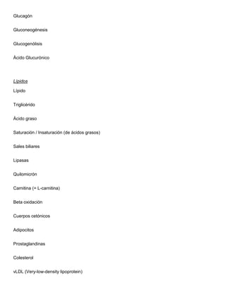 Glucagón
Gluconeogénesis
Glucogenólisis
Ácido Glucurónico
Lípidos
Lípido
Triglicérido
Ácido graso
Saturación / Insaturación (de ácidos grasos)
Sales biliares
Lipasas
Quilomicrón
Carnitina (= L-carnitina)
Beta oxidación
Cuerpos cetónicos
Adipocitos
Prostaglandinas
Colesterol
vLDL (Very-low-density lipoprotein)
 