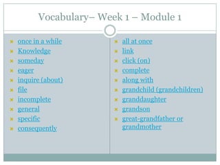 Vocabulary– Week 1 – Module 1
 once in a while
 Knowledge
 someday
 eager
 inquire (about)
 file
 incomplete
 general
 specific
 consequently
 all at once
 link
 click (on)
 complete
 along with
 grandchild (grandchildren)
 granddaughter
 grandson
 great-grandfather or
grandmother
 