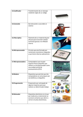 13.Codificador        Transformación de un mensaje
                      mediante reglas de un código




14.Comando            Da instrucción o una orden al
                      sistema




15.Fibra óptica       Filamento de un material de gran
                      eficacia para transmitir señales
                      luminosas gracias a la reflexión
                      interna



16.Microprocesador    Circuito que esta formado por
                      numerosos transistores integrados
                      y que tienen diversas aplicaciones




17.Microprocesadora   Computadoras que ocupan
                      espacios físicos pequeños que
                      utilizan un microprocesador como
                      una unidad central de
                      procesamiento (CPU)


18.Modem              Dispositivo que permite que dos
                      computadoras se comuniquen por
                      vía telefónica o telegráfico


19.Programación       Preparación por anticipado de
                      algunas maquinas para que
                      realicen un determinado trabajo



20.Relevador          Dispositivo electrónico en el que
                      por medio de un electroimán se
                      accionan contactos que abren o
                      cierran circuitos electrónicos.
 