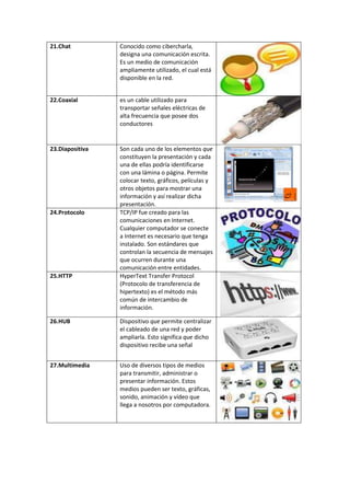 21.Chat          Conocido como cibercharla,
                 designa una comunicación escrita.
                 Es un medio de comunicación
                 ampliamente utilizado, el cual está
                 disponible en la red.


22.Coaxial       es un cable utilizado para
                 transportar señales eléctricas de
                 alta frecuencia que posee dos
                 conductores


23.Diapositiva   Son cada uno de los elementos que
                 constituyen la presentación y cada
                 una de ellas podría identificarse
                 con una lámina o página. Permite
                 colocar texto, gráficos, películas y
                 otros objetos para mostrar una
                 información y así realizar dicha
                 presentación.
24.Protocolo     TCP/IP fue creado para las
                 comunicaciones en Internet.
                 Cualquier computador se conecte
                 a Internet es necesario que tenga
                 instalado. Son estándares que
                 controlan la secuencia de mensajes
                 que ocurren durante una
                 comunicación entre entidades.
25.HTTP          HyperText Transfer Protocol
                 (Protocolo de transferencia de
                 hipertexto) es el método más
                 común de intercambio de
                 información.

26.HUB           Dispositivo que permite centralizar
                 el cableado de una red y poder
                 ampliarla. Esto significa que dicho
                 dispositivo recibe una señal


27.Multimedia    Uso de diversos tipos de medios
                 para transmitir, administrar o
                 presentar información. Estos
                 medios pueden ser texto, gráficas,
                 sonido, animación y vídeo que
                 llega a nosotros por computadora.
 