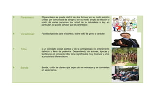5   Parentesco     El parentesco se puede definir de dos formas: en su modo estricto
                   unidas por comunidad de sangre y en su modo amplio la relación o
                   unión de varias personas por virtud de la naturaleza o ley; en
                   particular, se puede señalar que el parentesco



6   Versatilidad   Facilidad grande para el cambio, sobre todo de genio o carácter.




7   Tribu          s un concepto social, político y de la antropología no enteramente
                   definido y lleno de polémica. Dependiendo de autores, épocas y
                   tendencias el concepto tribu tiene significados muy diversos y sirve
                   a propósitos diferenciados.



8   Banda          Banda, unión de clanes que dejan de ser nómadas y se convierten
                   en sedentarios.
 