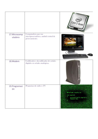 17.Microcomp    Computadora que usa
                microprocesadores, unidad central de
   utadora
                procesamiento.




18.Modem        Codificador y decodificador de señales
                digitales en señales analógicas.




19.Programaci   Programas de radio o TV
   ón
 