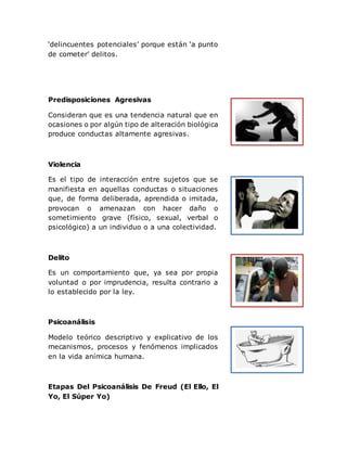 ‘delincuentes potenciales’ porque están ‘a punto
de cometer’ delitos.
Predisposiciones Agresivas
Consideran que es una tendencia natural que en
ocasiones o por algún tipo de alteración biológica
produce conductas altamente agresivas.
Violencia
Es el tipo de interacción entre sujetos que se
manifiesta en aquellas conductas o situaciones
que, de forma deliberada, aprendida o imitada,
provocan o amenazan con hacer daño o
sometimiento grave (físico, sexual, verbal o
psicológico) a un individuo o a una colectividad.
Delito
Es un comportamiento que, ya sea por propia
voluntad o por imprudencia, resulta contrario a
lo establecido por la ley.
Psicoanálisis
Modelo teórico descriptivo y explicativo de los
mecanismos, procesos y fenómenos implicados
en la vida anímica humana.
Etapas Del Psicoanálisis De Freud (El Ello, El
Yo, El Súper Yo)
 