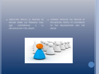 10. DIRECCIÓN: IMPLICA EL PROCESO DE
INFLUIR SOBRE LAS PERSONAS PARA
QUE CONTRIBUYAN A LA
ORGANIZACIÓN Y DEL GRUPO.
10. ADDRESS: INVOLVES THE PROCESS OF
INFLUENCING PEOPLE TO CONTRIBUTE
TO THE ORGANIZATION AND THE
GROUP.
 