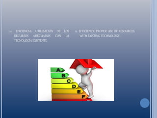 12. EFICIENCIA: UTILIZACIÓN DE LOS
RECURSOS ADECUADOS CON LA
TECNOLOGÍA EXISTENTE.
12. EFFICIENCY: PROPER USE OF RESOURCES
WITH EXISTING TECHNOLOGY.
 