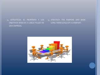 14. ESTRATEGIA: EL PROPÓSITO Y LOS
OBJETIVOS BÁSICOS A LARGO PLAZO DE
UNA EMPRESA.
14. STRATEGY: THE PURPOSE AND BASIC
LONG-TERM GOALS OF A COMPANY.
 