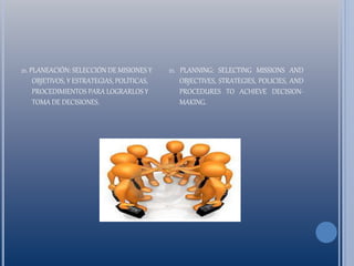 21. PLANEACIÓN: SELECCIÓN DE MISIONES Y
OBJETIVOS, Y ESTRATEGIAS, POLÍTICAS,
PROCEDIMIENTOS PARA LOGRARLOS Y
TOMA DE DECISIONES.
21. PLANNING: SELECTING MISSIONS AND
OBJECTIVES, STRATEGIES, POLICIES, AND
PROCEDURES TO ACHIEVE DECISION-
MAKING.
 