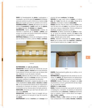 G L O S A R I O D E A R Q U I T E C T U R A 33
D
DADO. 1. Paralelepípedo de piedra, cuadrangular o
rectangular, que forma parte del pedestal. 2. Paralelepí-
pedo que sostiene la parte inferior de un poste de ma­
dera para impedir que entre en contacto con la tierra.
DEAMBULATORIO. 1. Galería. 2. Espacio que une por
detrás del presbiterio o capilla mayor de una iglesia,
las naves laterales. 3. Corredor de un claustro.
DECORACIÓN. Adorno. Ornamentación artística de
interiores o exteriores de un recinto o edificio, que
aunque no cumple una función constructiva contribuye
a darle carácter a un ambiente.
DENTÍCULO. Moldura en forma de rectángulo o diente,
que se alinean en series y adornan frisos y cornisas.
Dentículo
DE PROFUNDIS. Ver sala de profundis.
DESBASTAR. Eliminar partes de material de una pie-
za de madera, piedra o mármol que se está labrando,
hasta obtener la forma aún tosca, que se desea obte-
ner, mediante el uso de azuela o achuela.
DESNIVEL.Diferencia de altura entre dos o más puntos.
DESPENSA. Lugar de la vivienda, cercano a la cocina,
destinado a guardar la provisión de alimentos.
DESPIEZAR. 1. Desmontar o separar las piezas de un ele-
mento arquitectónico: muros, arcos o bóvedas o cubier­
tas, en sus componentes básicos. 2. En restauración,
comprende el inventario de piezas, la codificación o
numeración de las mismas para el armado posterior.
DESPLOME. Elemento que sale fuera del pla­no verti-
cal o de la plomada.
DESQUICIAR. Desencajar. Sacar el espigón del qui-
cial de la piedra en la que gira la hoja de la puerta.
Ver quicio.
DESTRONCAR. Cortar el mortero con la tarraja en el
proceso de hacer molduras. Ver tarraja.
DESVÁN. 1. Lugar vacío entre el tejado y el último
piso. 2. El piso más alto de una casa, debajo de la
cubierta e iluminado a través de buhardillas.
DIABLO. Barreta. Pata de cabra. Pieza de hierro a ma-
nera de barra con una cuña en un extremo, que sirve
para sacar clavos o desencofrar. Término utilizado en
albañilería, cerrajería, carpintería y cantería.
DIAMANTE. 1. Motivo or­namental de piedra en relie-
ve, en forma de pirámide saliente del muro de fa­
chada. 2. Punta de diamante engastado en mango de
metal, utilizado para cortar vidrio.
DINTEL. Elemento horizontal de madera, piedra, o
hierro que se apoya sobre dos soportes o pilastras;
cierra la parte superior de un vano o abertura.
Dintel
DISEÑO. Representación gráfica de un edificio, en di-
bujo o maqueta.
DISTRIBUCIÓN. 1. Asignación del sitio donde se va a le-
vantar un edificio. 2. Repartimiento de habitaciones
o piezas de un edificio de acuerdo al uso destinado.
DONADOR. Donante. Persona que sufragaba una obra
arquitectónica o de arte, generalmente de tipo religio-
so, en el período colonial.
DÓRICO. Ver orden dórico.
DOSEL. Cubierta ornamental, que puede ser parte de
un baldaquino, o templete; se sostiene en elementos
sustentantes como columnas. El dosel generalmente
tiene un voladizo. Cubre a cierta altura una imagen,
altar, tumba o púlpito.
DOVELA. Piedra o sillar tallado en forma de cuña
cuya yuxtaposición forma arcos, bóvedas, molduras
 