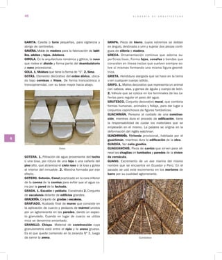 G L O S A R I O D E A R Q U I T E C T U R A46
G
GARITA. Casilla o torre pequeñas, para vigilancia y
abrigo de centinelas.
GAVERA. Molde de madera pa­ra la fabricación de ladri­
llos, adobes y tejas. Adobera.
GIROLA. En la arquitectura románica y gótica, la nave
que rodea el ábside y for­ma parte del deambulatorio
o nave procesional.
GOLA. 1. Moldura que tiene la forma de “S”. 2. Sima.
GOTAS. Elemento decorativo del orden dórico, ubica-
do bajo cornisas o frisos. De forma troncocónica o
troncopiramidal, con su base mayor hacia abajo.
Gotas
GOTERA. 1. Filtración de agua proveniente del techo
o una losa, por rotura de una teja o una cañería del
piso alto, que atraviesa el cielo raso o la losa y gotea
al interior del inmueble. 2. Mancha formada por ese
efecto.
GOTERO. Goterón. Canal practicado en la cara inferior
de la corona de la cornisa para evitar que el agua co-
rra por la pared de la fachada.
GRADA. 1. Escalón o peldaño. Escalinata 2. Conjunto
de escalones delante de edificios grandes.
GRADERÍA. Conjunto de gradas o escaleras.
GRAFIADO. Acabado final de muros que consiste en
la aplicación de cuarzo y pedazos de mármol unidos
por un aglomerante en las paredes, dando un aspec-
to granulado. Cuando en lugar de cuarzo se utiliza
mica se denomina amiantado.
GRANILLO. Chispa. Material de construcción cuya
granulometría está entre el ripio y la arena gruesa.
Es el que queda contenido en la zaranda Nº 3, luego
de cernir la arena.
GRAPA. Pieza de hierro, cuyos extremos se doblan
en ángulo, destinada a unir y sujetar dos piezas conti-
guas de sillería o madera.
GRECA. Ornamentación continua que adorna su-
perficies lisas. Forma fajas, cenefas o bandas que
consisten en líneas rectas que vuelven siempre so-
bre sí mismas formando una misma figura geomé-
trica.
GRIETA. Hendidura alargada que se hace en la tierra
o en cualquier cuerpo sólido.
GRIFO. 1. Motivo decorativo que representa un animal
con cabeza, alas, y garras de águila y cuerpo de león.
2. Válvula que se coloca en los terminales de las ca-
ñerías para regular el paso del agua.
GRUTESCO. Conjunto decorativo mural, que combina
formas humanas, animales y follaje, para dar lugar a
conjuntos caprichosos de figuras fantásticas.
GUACHIMÁN. Persona al cuidado de una construc­
ción, mientras dura el procedo de edificación, tiene
la responsabilidad de cuidar los materiales que se
emplearán en el mismo. La palabra se origina en la
deformación del inglés watchman.
GUACHIMANÍA. Vivienda provisional, habitada por el
guachimán, mientras dura la edificación de la obra.
GUADÚA. Ver caña guadúa.
GUAGUANCHIS. Pieza de carrizo que sirven para ali-
near las chagllas en tumbados y paredes de la vivien­
da vernácula.
GUANO. Excremento de un ave marina del mismo
nombre que se encuentra en Ecuador y Perú. En el
pasado se usó este excremento en los morteros de
barro por su cualidad aglomerante.
Guindadura
 