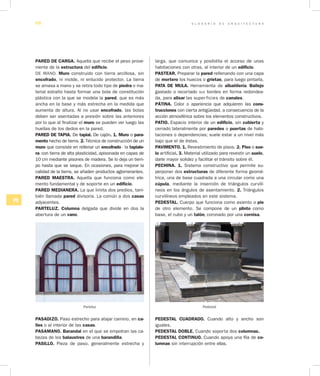 G L O S A R I O D E A R Q U I T E C T U R A68
PQ
PARED DE CARGA. Aquella que recibe el peso prove-
niente de la estructura del edificio.
DE MANO. Muro construido con tierra arcillosa, sin
encofrado, ni molde, ni enlucido protector. La tierra
se amasa a mano y se retira todo tipo de piedra o ma-
terial extraño hasta formar una bola de constitución
plástica con la que se modela la pared, que es más
ancha en la base y más estrecha en la medida que
aumenta de altura. Al no usar encofrado, las bolas
deben ser asentadas a presión sobre las anteriores
por lo que al finalizar el muro se pueden ver luego las
huellas de los dedos en la pared.
PARED DE TAPIA. De tapial. De cajón. 1. Muro o para­
mento hecho de tierra. 2. Técnica de construcción de un
muro que consiste en rellenar un encofrado - la tapiale­
ra- con tierra de alta plasticidad, apisonada en capas de
10 cm mediante pisones de madera. Se lo deja un tiem-
po hasta que se seque. En ocasiones, para mejorar la
calidad de la tierra, se añaden productos aglomerantes.
PARED MAESTRA. Aquella que funciona como ele-
mento fundamental y de soporte en un edificio.
PARED MEDIANERA. La que limita dos predios, tam-
bién llamada pared divisoria. La común a dos casas
adyacentes.
PARTELUZ. Columna delgada que divide en dos la
abertura de un vano.
Parteluz
PASADIZO. Paso estrecho para atajar camino, en ca­
lles o al interior de las casas.
PASAMANO. Barandal en el que se empotran las ca-
bezas de los balaustres de una barandilla.
PASILLO. Pieza de paso, generalmente estrecha y
larga, que comunica y posibilita el acceso de unas
habitaciones con otras, al interior de un edificio.
PASTEAR. Preparar la pared rellenando con una capa
de mortero los huecos o grietas, para luego pintarla.
PATA DE MULA. Herramienta de albañilería. Bailejo
gastado o recortado sus bordes en forma redondea-
da, para alisar las su­perficies de canales.
PÁTINA. Color o apariencia que adquieren las cons­
trucciones con cierta antigüedad, a consecuencia de la
acción atmosférica sobre los elementos constructivos.
PATIO. Espacio interior de un edificio, sin cubierta y
cerrado lateralmente por paredes o puertas de habi-
taciones o dependencias; suele estar a un nivel más
bajo que el de éstas.
PAVIMENTO. 1. Revestimiento de pisos. 2. Piso o sue­
lo artificial. 3. Material utilizado para revestir un suelo,
darle mayor solidez y facilitar el tránsito sobre él.
PECHINA. 1. Sistema constructivo que permite su-
perponer dos estructuras de diferente forma geomé-
trica, una de base cuadrada a una circular como una
cúpula, mediante la inserción de triángulos curvilí-
neos en los ángulos de asentamiento. 2. Triángulos
curvilíneos empleados en este sistema.
PEDESTAL. Cuerpo que funciona como asiento o pie
de otro elemento. Se compone de un plinto como
base, el cubo y un talón, coronado por una cornisa.
Pedestal
PEDESTAL CUADRADO. Cuando alto y ancho son
iguales.
PEDESTAL DOBLE. Cuando soporta dos columnas.
PEDESTAL CONTINUO. Cuando apoya una fila de co­
lumnas sin interrupción entre ellas.
 
