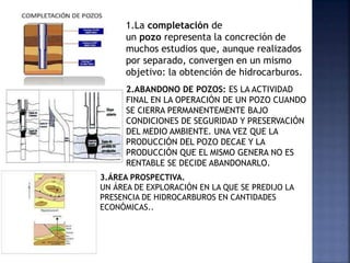1.La completación de
un pozo representa la concreción de
muchos estudios que, aunque realizados
por separado, convergen en un mismo
objetivo: la obtención de hidrocarburos.
2.ABANDONO DE POZOS: ES LA ACTIVIDAD
FINAL EN LA OPERACIÓN DE UN POZO CUANDO
SE CIERRA PERMANENTEMENTE BAJO
CONDICIONES DE SEGURIDAD Y PRESERVACIÓN
DEL MEDIO AMBIENTE. UNA VEZ QUE LA
PRODUCCIÓN DEL POZO DECAE Y LA
PRODUCCIÓN QUE EL MISMO GENERA NO ES
RENTABLE SE DECIDE ABANDONARLO.
3.ÁREA PROSPECTIVA.
UN ÁREA DE EXPLORACIÓN EN LA QUE SE PREDIJO LA
PRESENCIA DE HIDROCARBUROS EN CANTIDADES
ECONÓMICAS..
 