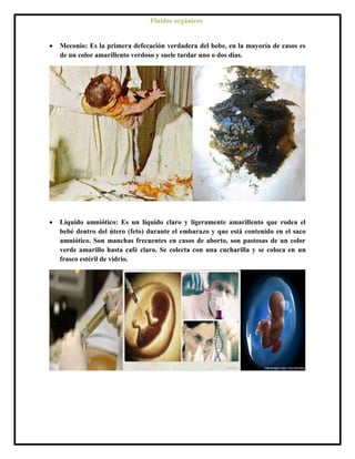  Meconio: Es la primera defecación verdadera del bebe, en la mayoría de casos es
de un color amarillento verdoso y suele tardar uno o dos días.
 Líquido amniótico: Es un líquido claro y ligeramente amarillento que rodea el
bebé dentro del útero (feto) durante el embarazo y que está contenido en el saco
amniótico. Son manchas frecuentes en casos de aborto, son pastosas de un color
verde amarillo hasta café claro. Se colecta con una cucharilla y se coloca en un
frasco estéril de vidrio.
Fluidos orgánicos
 