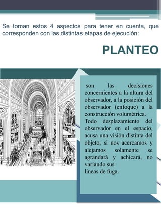 Se toman estos 4 aspectos para tener en cuenta, que
corresponden con las distintas etapas de ejecución:
son las decisiones
concernientes a la altura del
observador, a la posición del
observador (enfoque) a la
construcción volumétrica.
Todo desplazamiento del
observador en el espacio,
acusa una visión distinta del
objeto, si nos acercamos y
alejamos solamente se
agrandará y achicará, no
variando sus
líneas de fuga.
PLANTEO
 